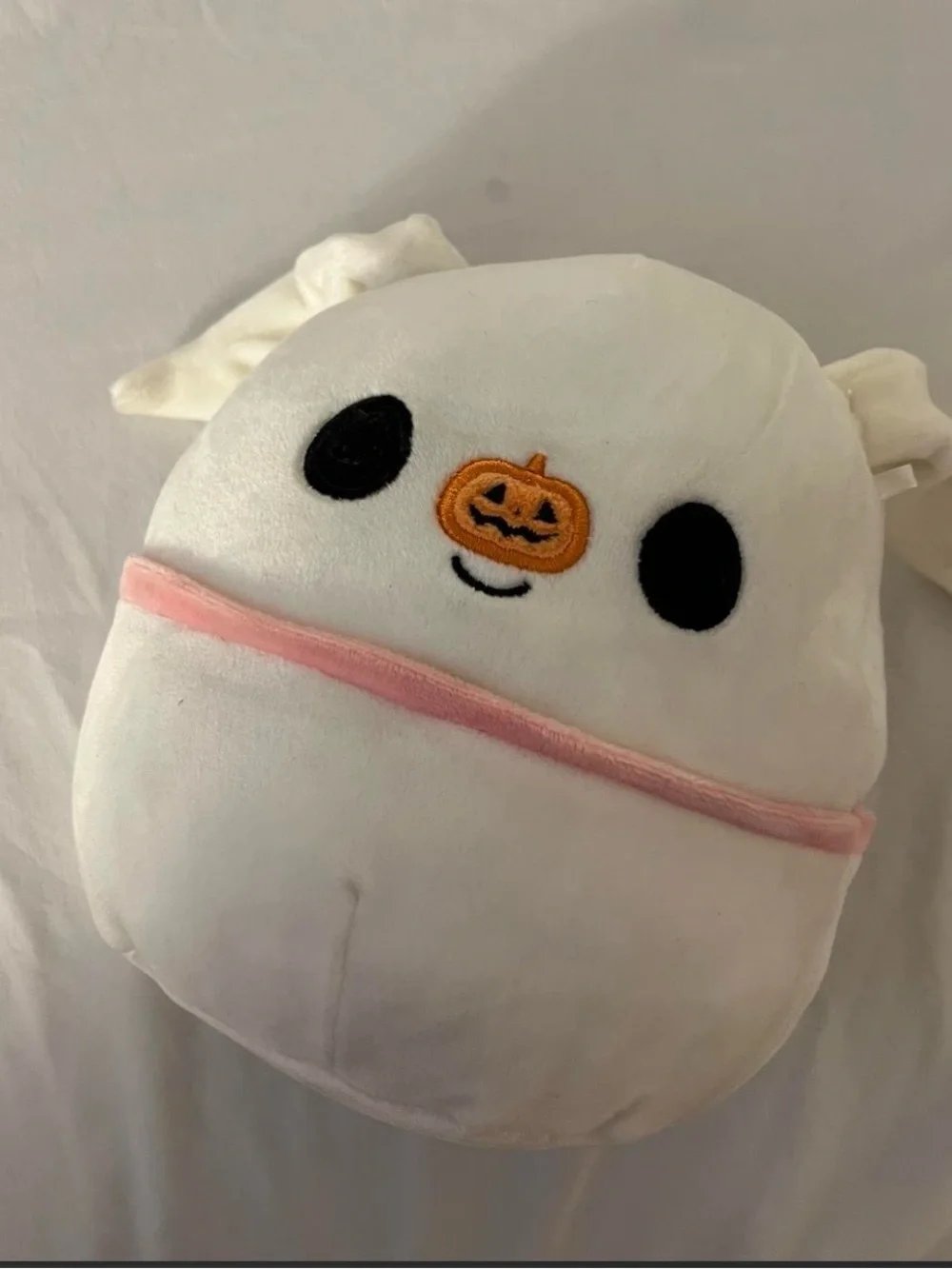 Squishmallows White Ghost with Pink Trim and Orange Pumpkin Face